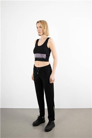 Bel Bağlama Detaylı Paçası Taş İşlemeli Pantolon