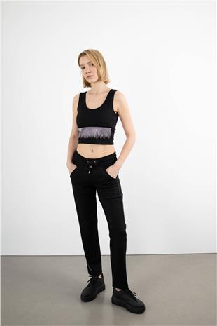 Bel Bağlama Detaylı Paçası Taş İşlemeli Pantolon