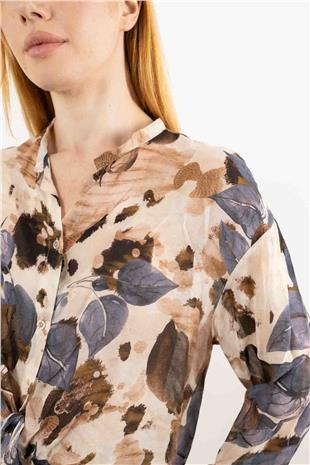 Bel Bağlama Detaylı Yaprak Desenli Gömlek