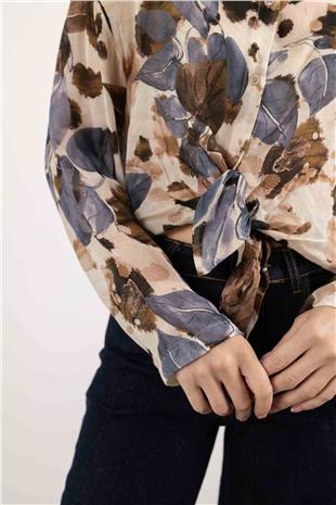 Bel Bağlama Detaylı Yaprak Desenli Gömlek