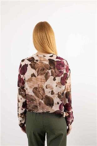 Bel Bağlama Detaylı Yaprak Desenli Gömlek