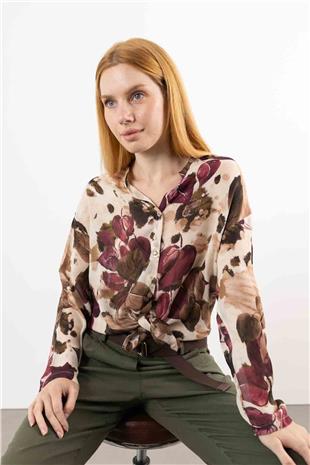 Bel Bağlama Detaylı Yaprak Desenli Gömlek