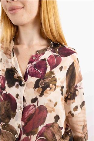 Bel Bağlama Detaylı Yaprak Desenli Gömlek