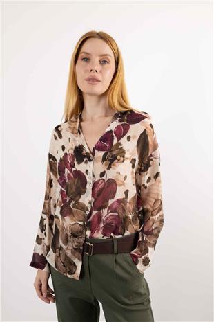 Bel Bağlama Detaylı Yaprak Desenli Gömlek