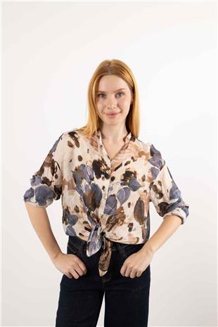 Bel Bağlama Detaylı Yaprak Desenli Gömlek