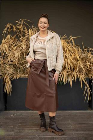 Bel Kemer Detaylı Cepli Deri Etek