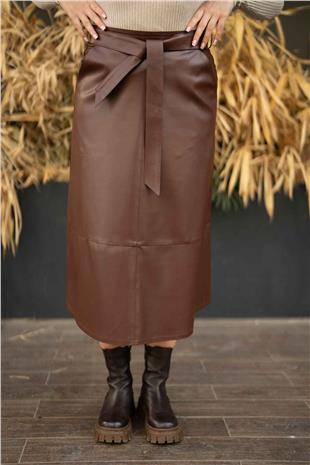 Bel Kemer Detaylı Cepli Deri Etek