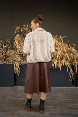 Bel Kemer Detaylı Cepli Deri Etek