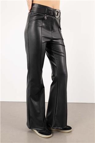 Bel Kemer Detaylı Deri Pantolon