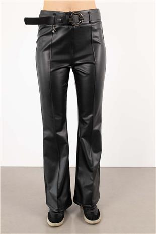 Bel Kemer Detaylı Deri Pantolon