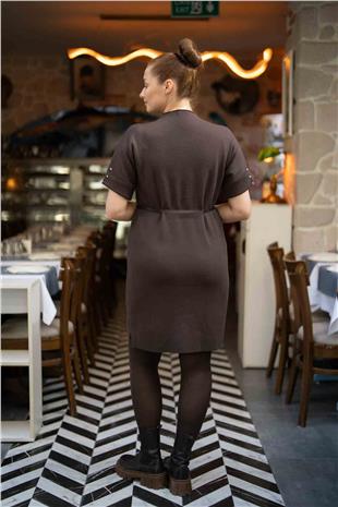 Bel Kemer Detaylı Kolları Taş Baskılı Elbise