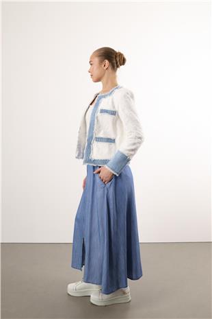 Bel Lastik Detay Ve Ortadan Uzun Fermuarlı Kot Etek