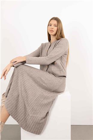 Bel Lastik Detaylı Çubuk Desenli Triko Etek