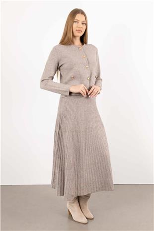 Bel Lastik Detaylı Çubuk Desenli Triko Etek