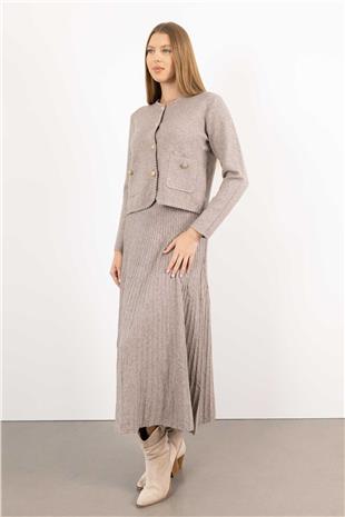 Bel Lastik Detaylı Çubuk Desenli Triko Etek