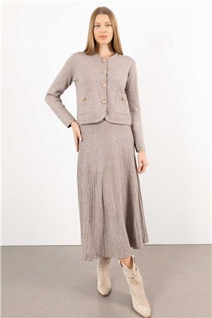 Bel Lastik Detaylı Çubuk Desenli Triko Etek