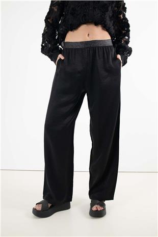 Bel Lastik Detaylı Parlak Kumaşlı Astar Kumaşlı Pantolon