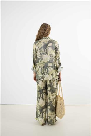 Bel Lastik Detaylı Yaprak Ve Ağaç Desenli Pantolon