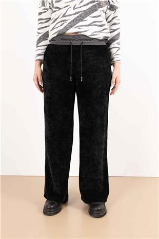 Bel Lastik Ve Bağlama Detaylı Kadife Pantolon