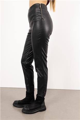 Bel Lastik Ve Yan Fermuar Detaylı Deri Pantolon