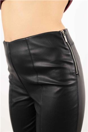Bel Lastik Ve Yan Fermuar Detaylı Deri Pantolon
