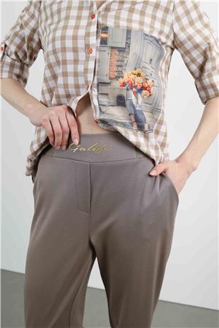 Bel Lastik Ve Yazı Detaylı Paça Çıtçıtlı Pantolon