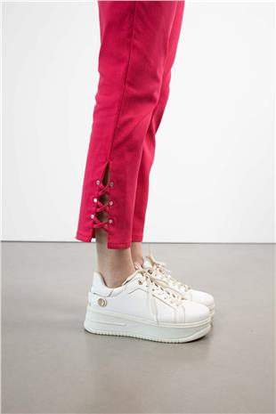 Bel Lastikli Paça Detaylı Dokuma Pantolon