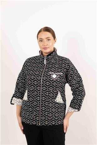 Beşgen Desen Detaylı Cepli Taş Baskılı Ceket