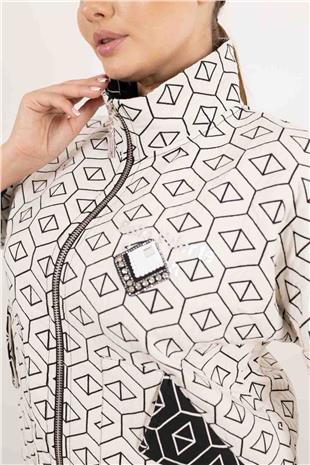 Beşgen Desen Detaylı Cepli Taş Baskılı Ceket