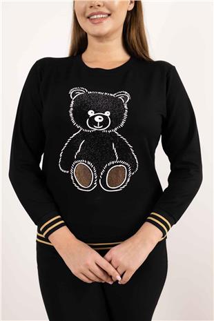 Bisiklet Yaka Detaylı Ayıcık Baskı Detaylı Bluz