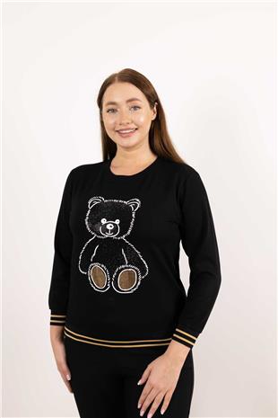 Bisiklet Yaka Detaylı Ayıcık Baskı Detaylı Bluz