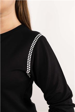 Bisiklet Yaka Detaylı Benekli Ve Yazı Taş Baskılı Bluz