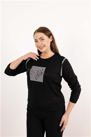 Bisiklet Yaka Detaylı Benekli Ve Yazı Taş Baskılı Bluz