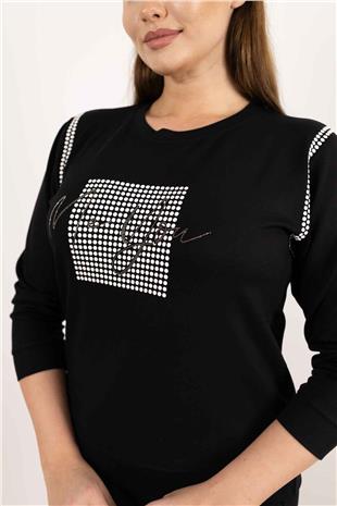 Bisiklet Yaka Detaylı Benekli Ve Yazı Taş Baskılı Bluz