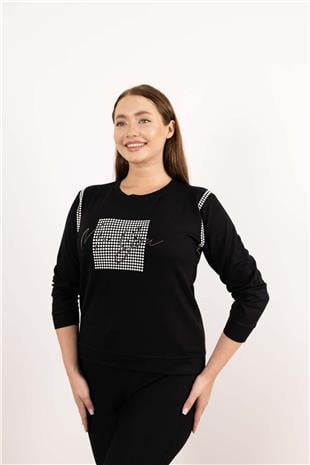 Bisiklet Yaka Detaylı Benekli Ve Yazı Taş Baskılı Bluz