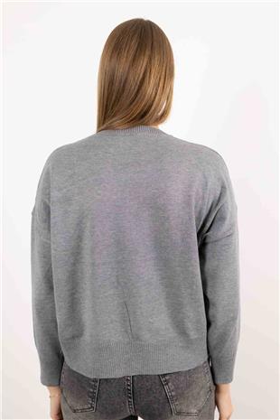 Bisiklet Yaka Detaylı Deri Desen İşlemeli Triko