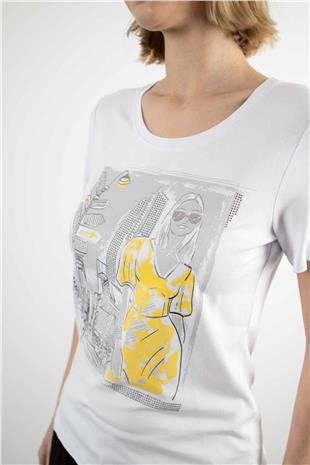 Bisiklet Yaka Detaylı Figür Baskı Ve Taş İşlemeli Tshirt