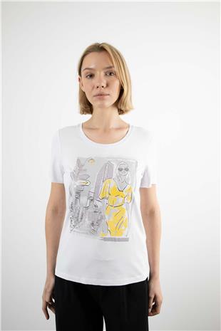 Bisiklet Yaka Detaylı Figür Baskı Ve Taş İşlemeli Tshirt