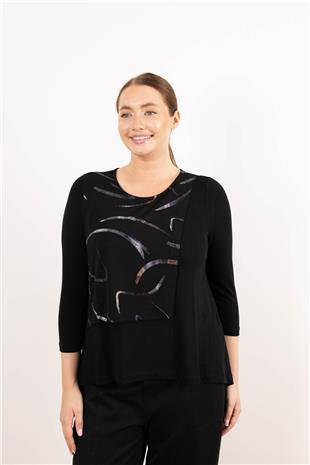Bisiklet Yaka Detaylı Parça Eklemeli Desenli Bluz
