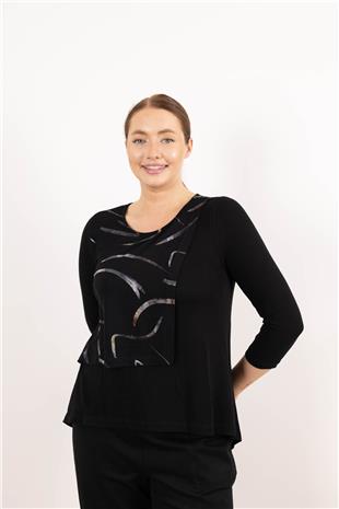 Bisiklet Yaka Detaylı Parça Eklemeli Desenli Bluz