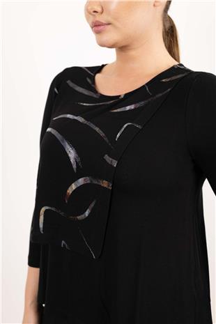Bisiklet Yaka Detaylı Parça Eklemeli Desenli Bluz