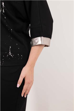 Bisiklet Yaka Detaylı Şemsiye Baskılı Boncuk İşlemeli Bluz