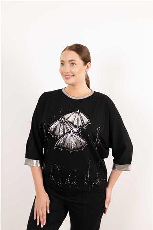 Bisiklet Yaka Detaylı Şemsiye Baskılı Boncuk İşlemeli Bluz