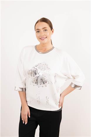 Bisiklet Yaka Detaylı Şemsiye Baskılı Boncuk İşlemeli Bluz