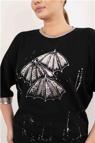 Bisiklet Yaka Detaylı Şemsiye Baskılı Boncuk İşlemeli Bluz