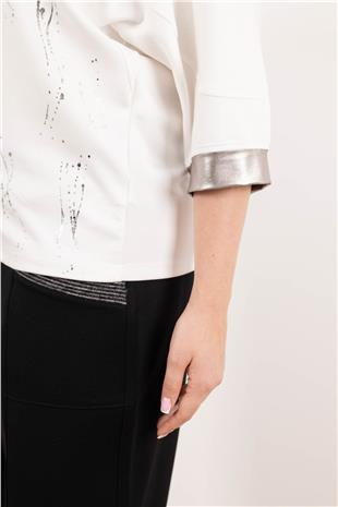 Bisiklet Yaka Detaylı Şemsiye Baskılı Boncuk İşlemeli Bluz