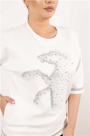 Bisiklet Yaka Detaylı Taş At Baskılı Kısa Kollu Bluz