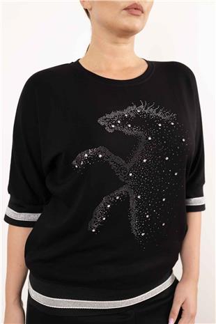 Bisiklet Yaka Detaylı Taş At Baskılı Kısa Kollu Bluz