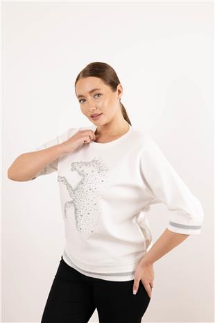 Bisiklet Yaka Detaylı Taş At Baskılı Kısa Kollu Bluz