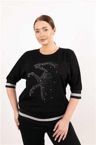 Bisiklet Yaka Detaylı Taş At Baskılı Kısa Kollu Bluz